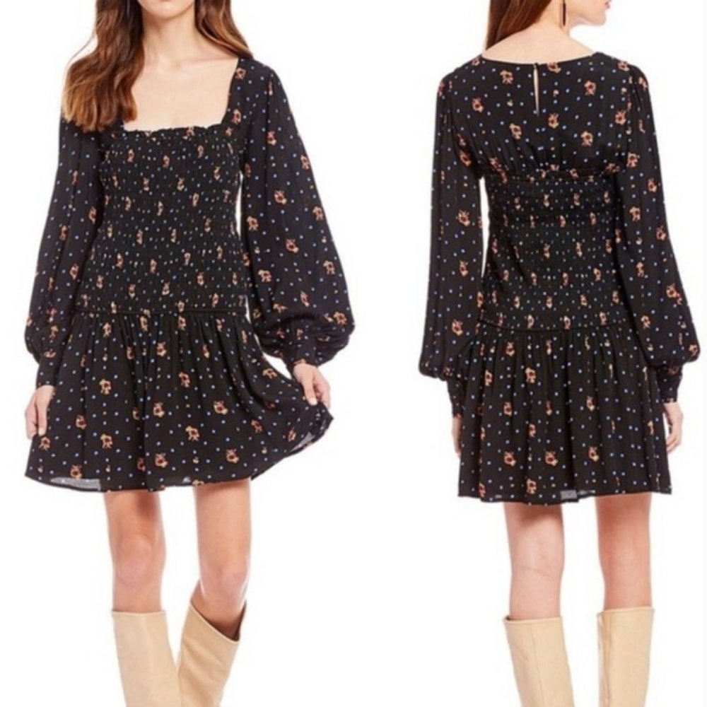 Free People Two Faces Smocked Floral Print Witchy Boho Mini Dress Size S
